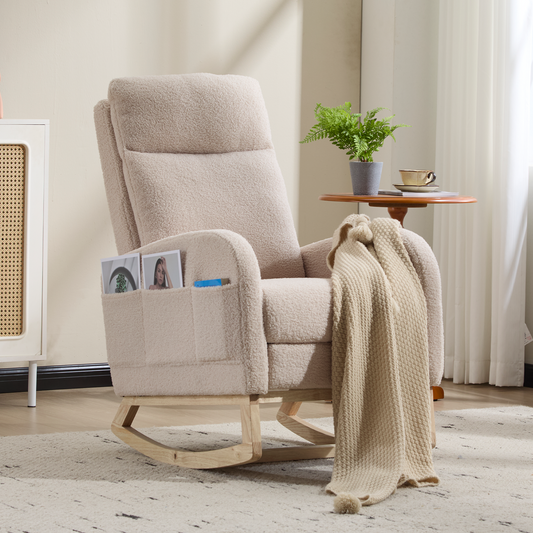 CAFORKP Rocking Chair, Upholstered Glider with High Back and Wood Base, for Nursery and Bedroom, Beige