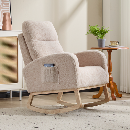 CAFORKP Upholstered Nursery Rocking Chair with High Back, Side Pocket, Wood Base, Beige