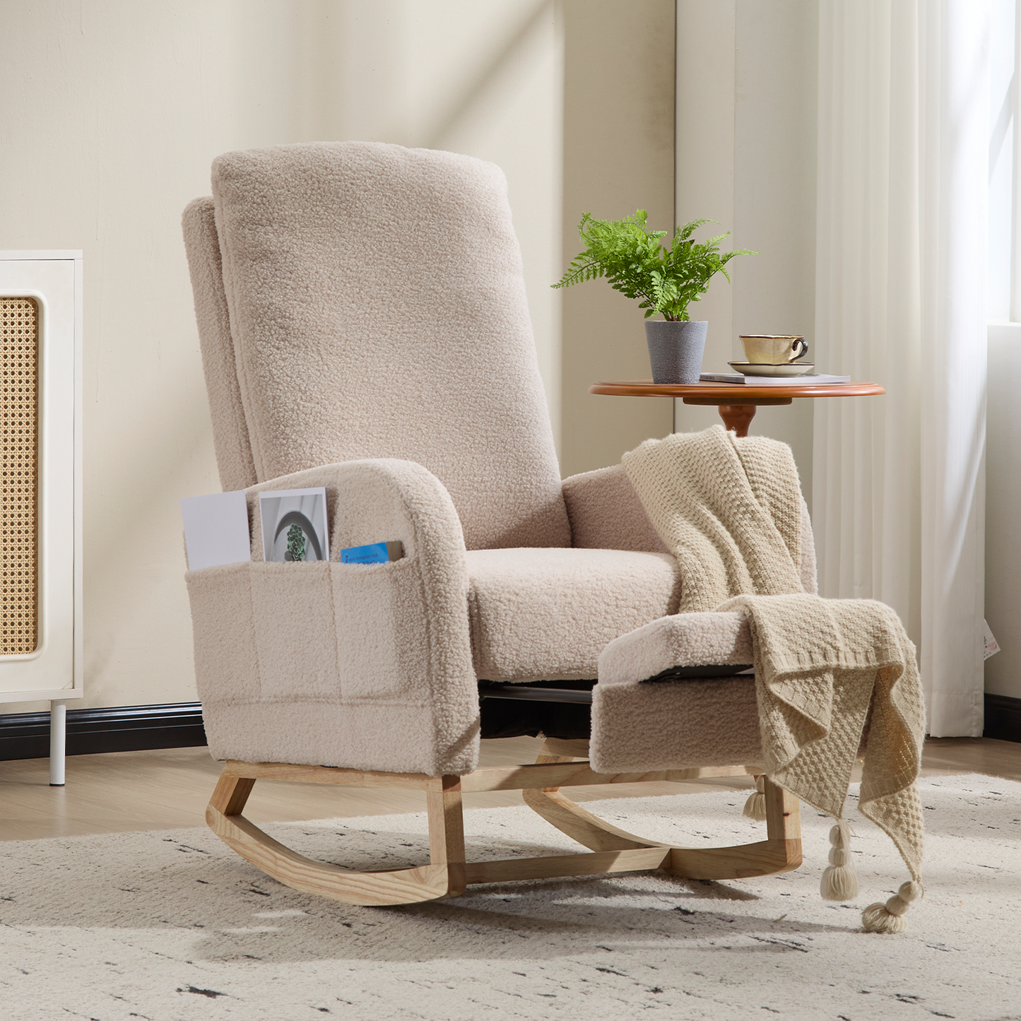 CAFORKP Upholstered Rocking Chair with High Back and Side Pocket, Nursery Glider for Living Room, Beige
