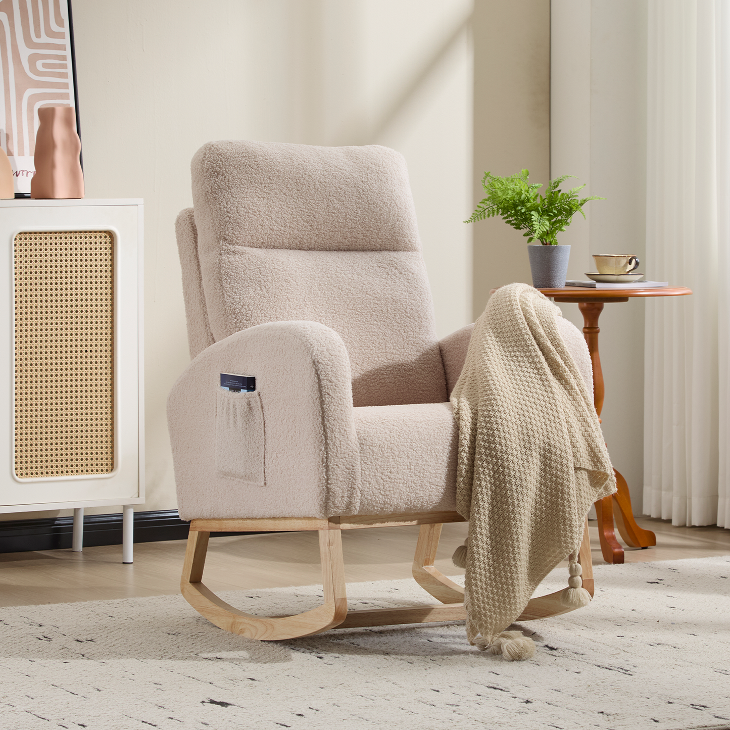 CAFORKP Upholstered Nursery Rocking Chair with High Back, Side Pocket, Wood Base, Beige