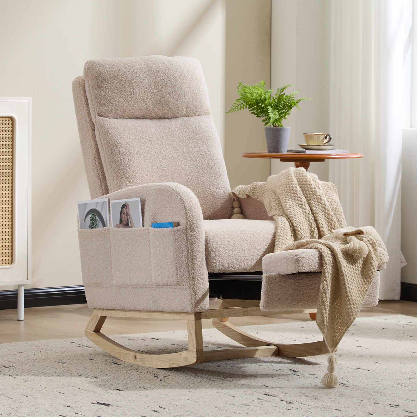 CAFORKP Rocking Chair, Upholstered Glider with High Back and Wood Base, for Nursery and Bedroom, Beige