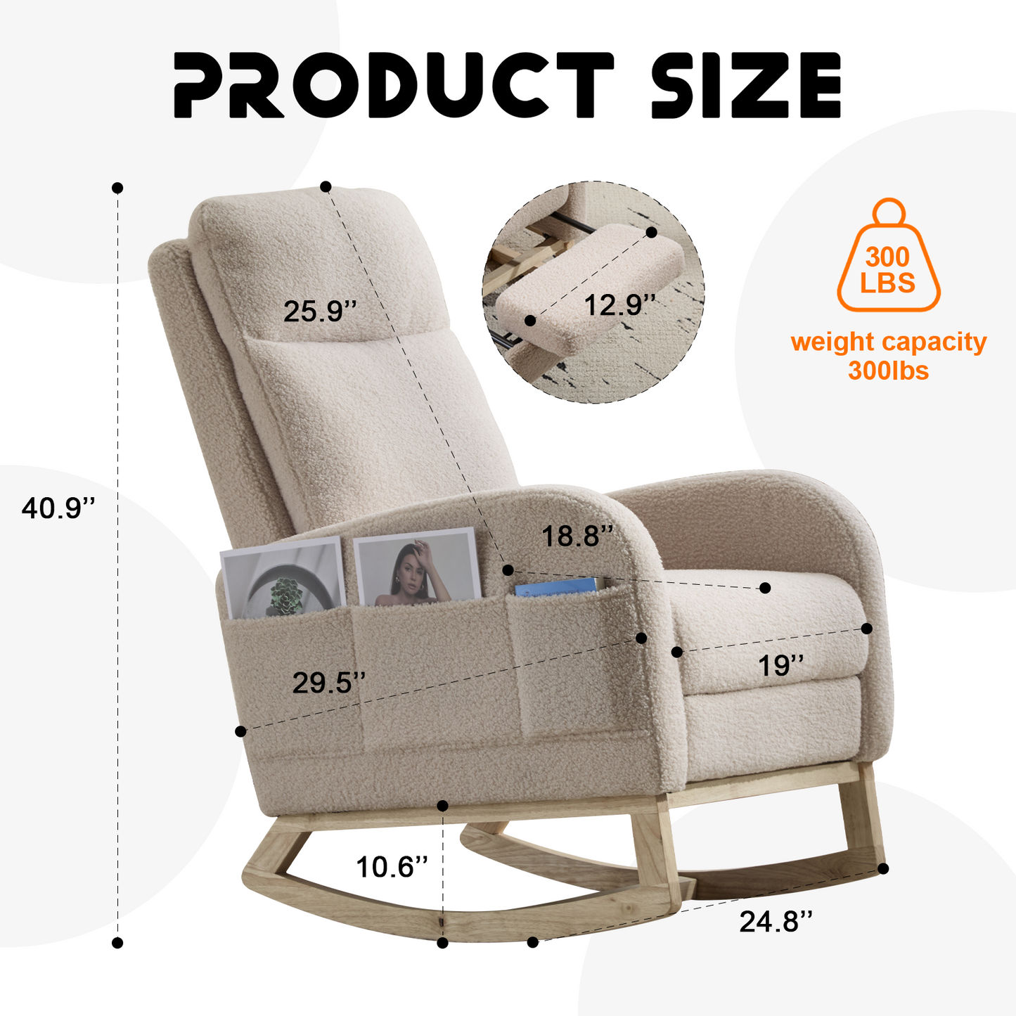 CAFORKP Upholstered Rocking Chair with High Back and Side Pocket, Nursery Glider for Living Room, Beige