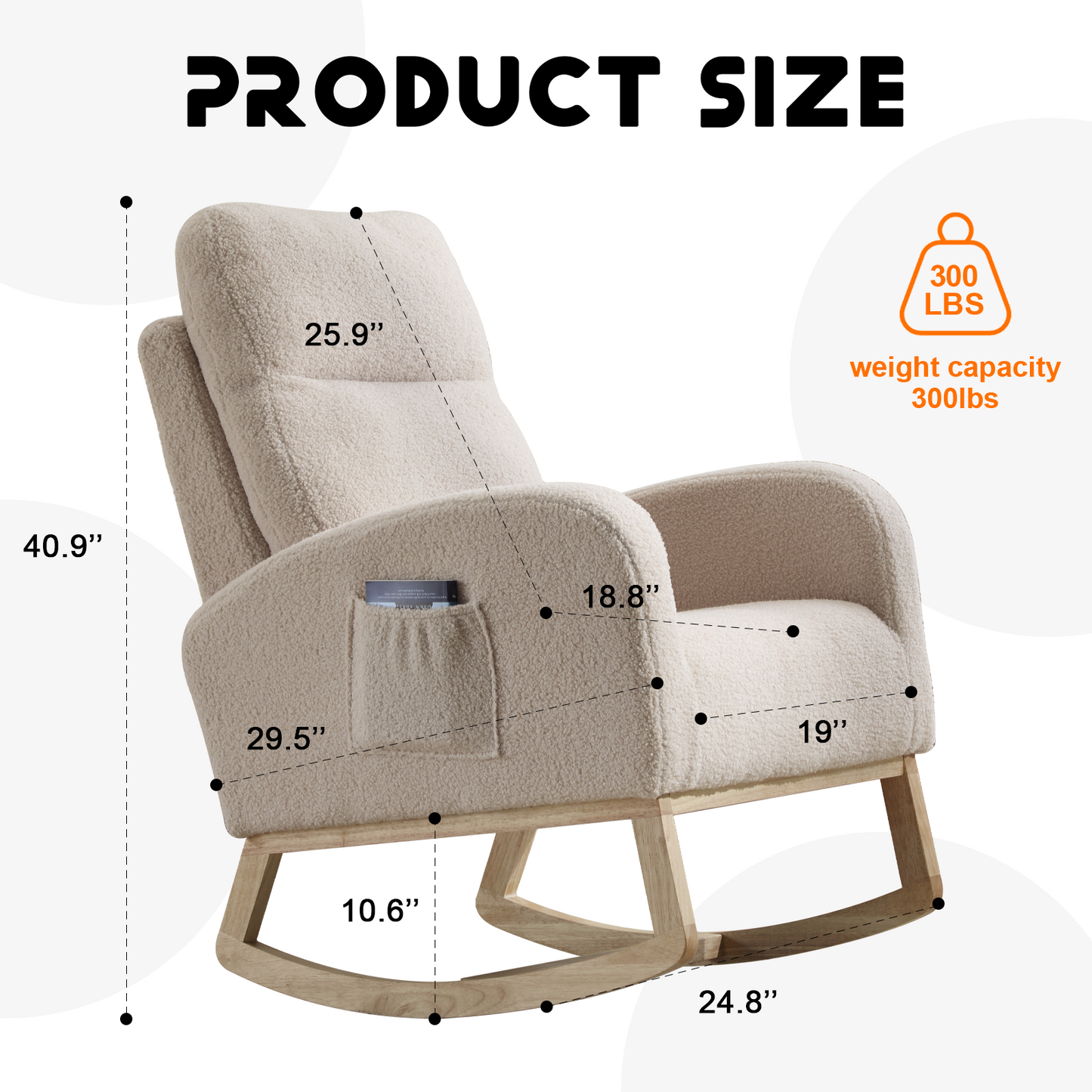 CAFORKP Upholstered Nursery Rocking Chair with High Back, Side Pocket, Wood Base, Beige