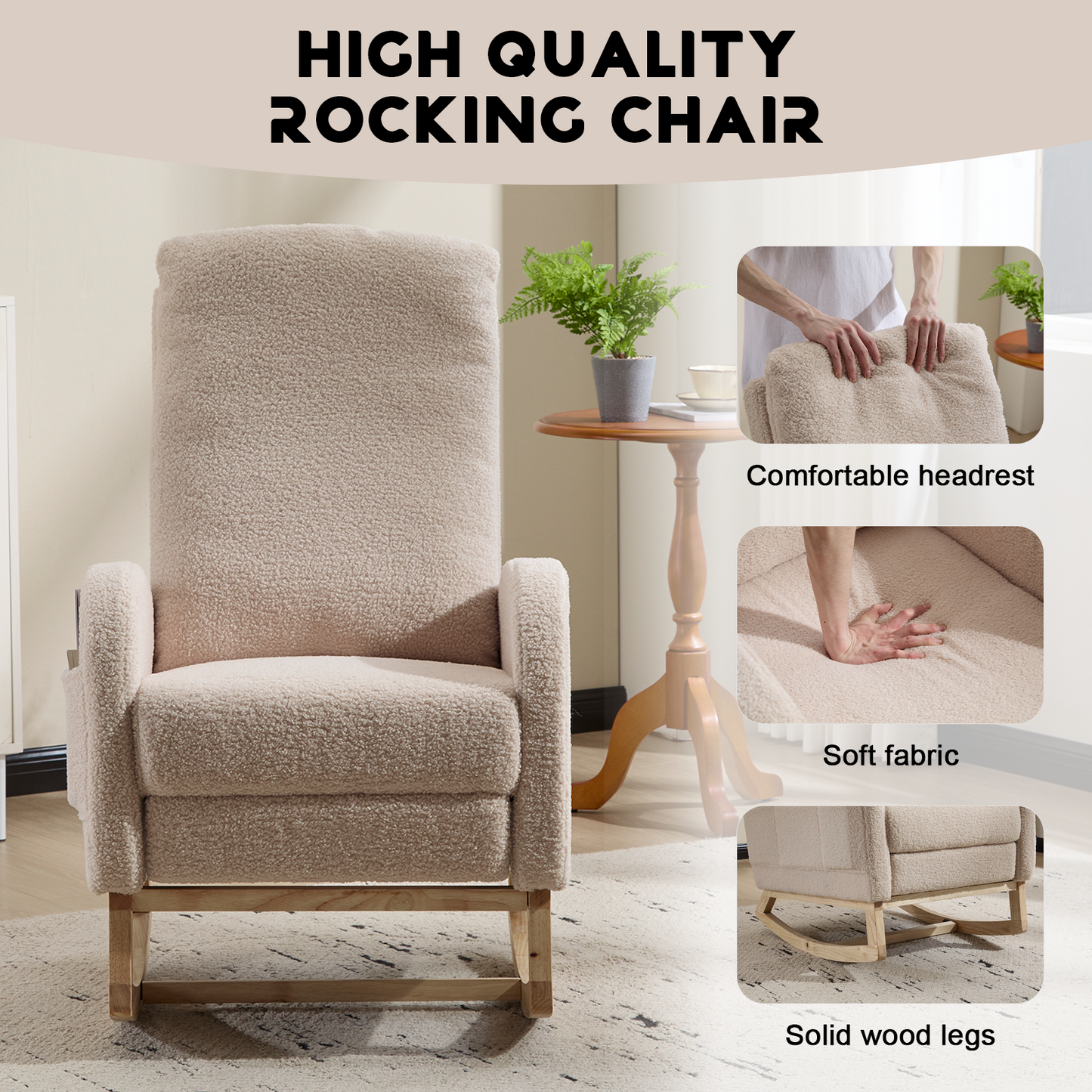 CAFORKP Upholstered Rocking Chair with High Back and Side Pocket, Nursery Glider for Living Room, Beige