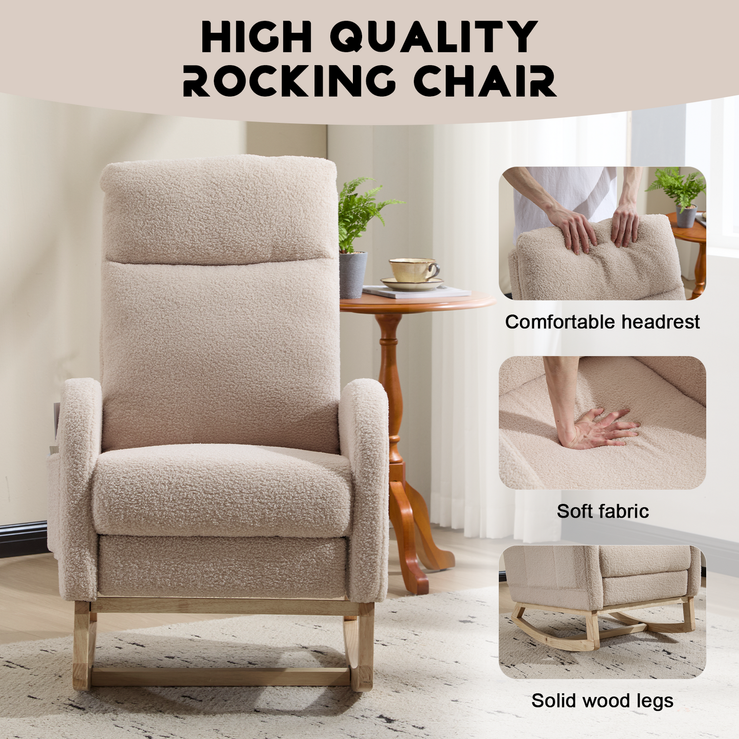 CAFORKP Rocking Chair, Upholstered Glider with High Back and Wood Base, for Nursery and Bedroom, Beige
