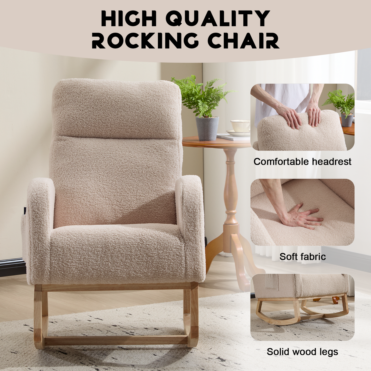 CAFORKP Upholstered Nursery Rocking Chair with High Back, Side Pocket, Wood Base, Beige
