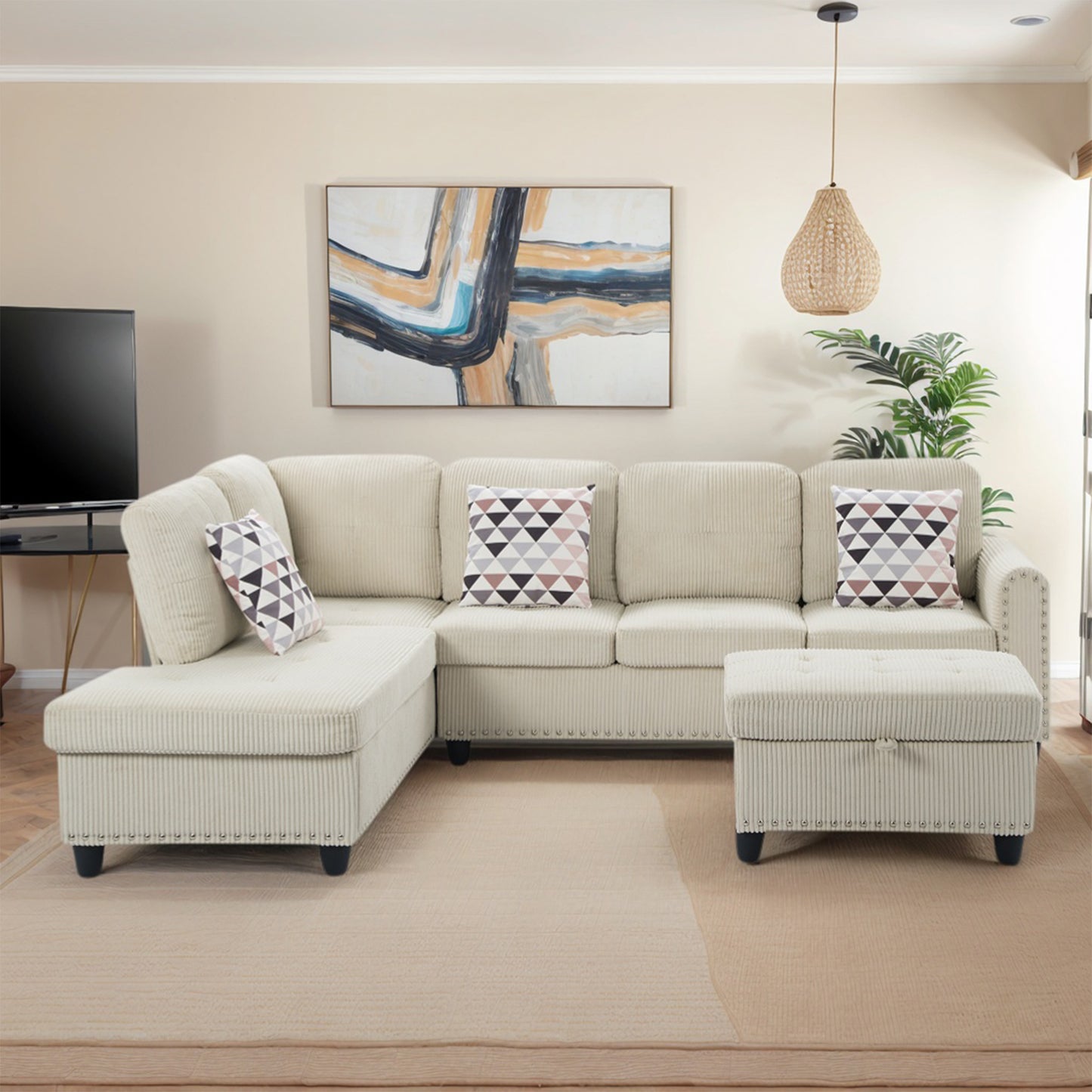 CAFORKP Oversized Modular Sectional Sofa, 94 inch L-Shaped Corduroy Couch with Movable Ottoman and 6 Seats