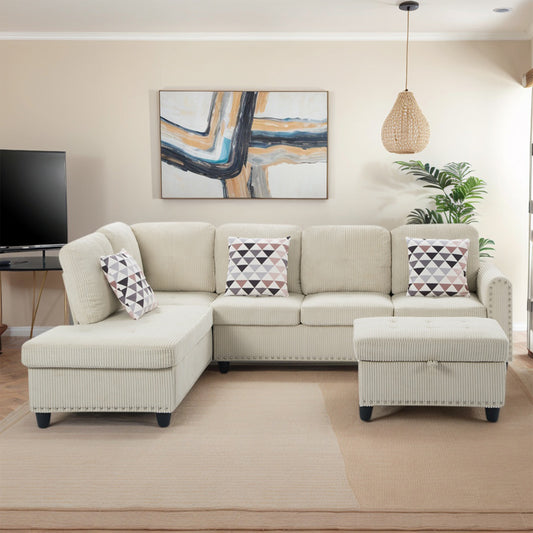 CAFORKP Oversized Modular Sectional Sofa, 94 inch L-Shaped Corduroy Couch with Movable Ottoman and 6 Seats