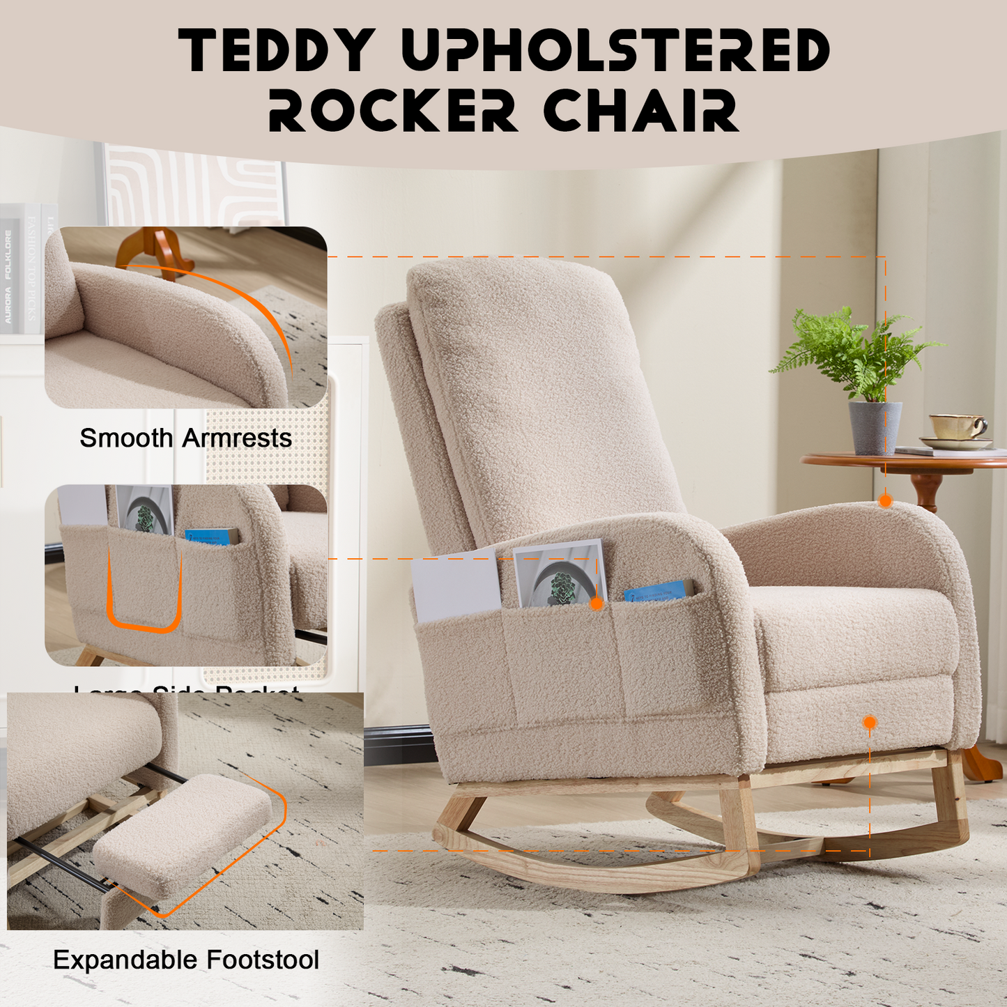 CAFORKP Upholstered Rocking Chair with High Back and Side Pocket, Nursery Glider for Living Room, Beige