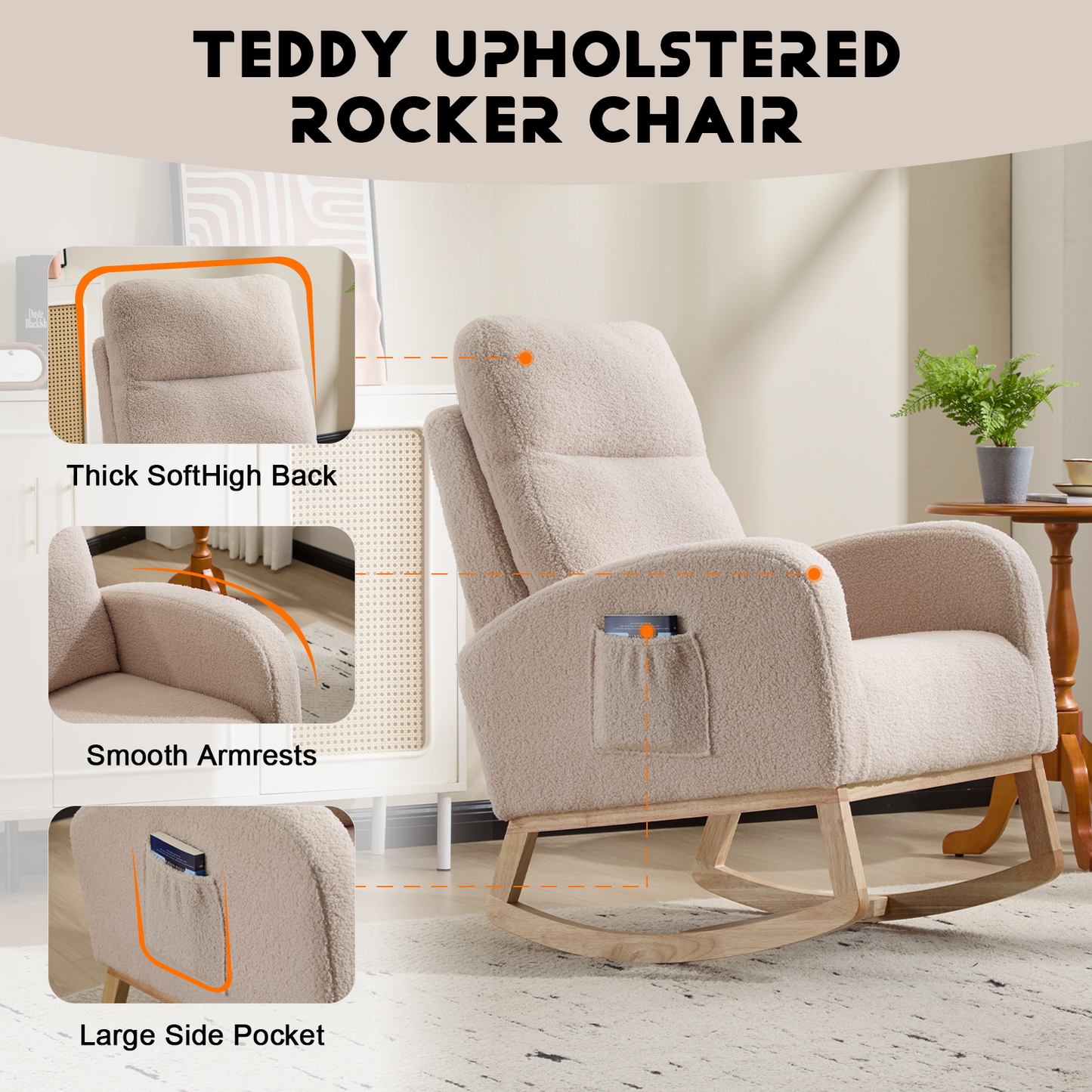 CAFORKP Upholstered Nursery Rocking Chair with High Back, Side Pocket, Wood Base, Beige