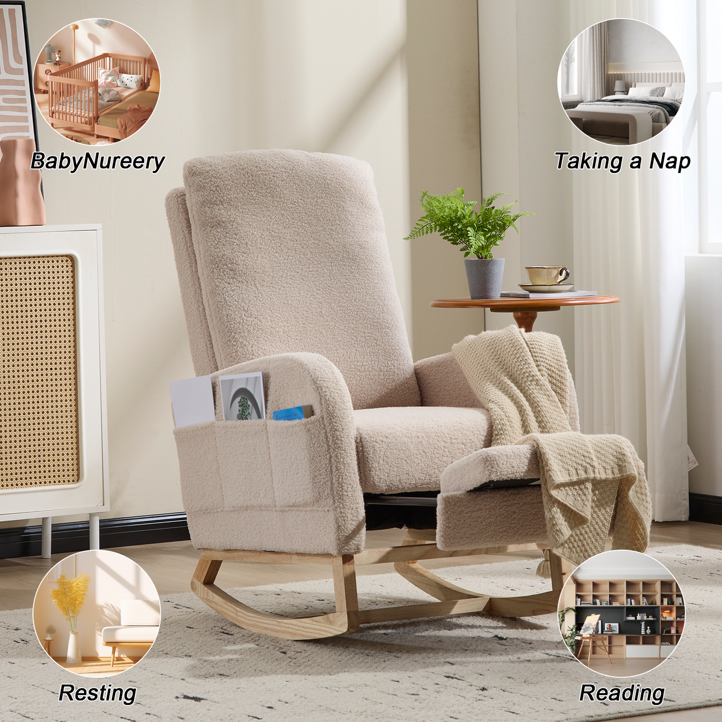 CAFORKP Upholstered Rocking Chair with High Back and Side Pocket, Nursery Glider for Living Room, Beige