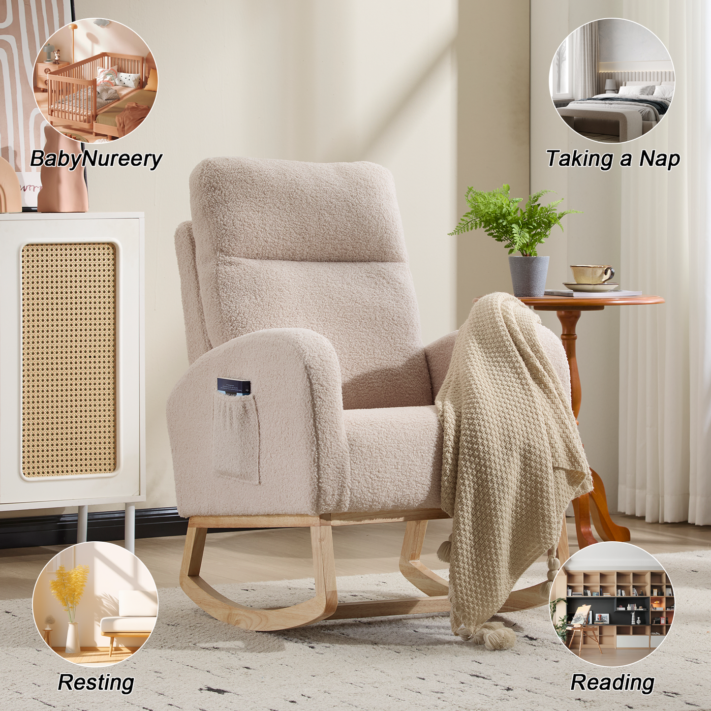 CAFORKP Upholstered Nursery Rocking Chair with High Back, Side Pocket, Wood Base, Beige