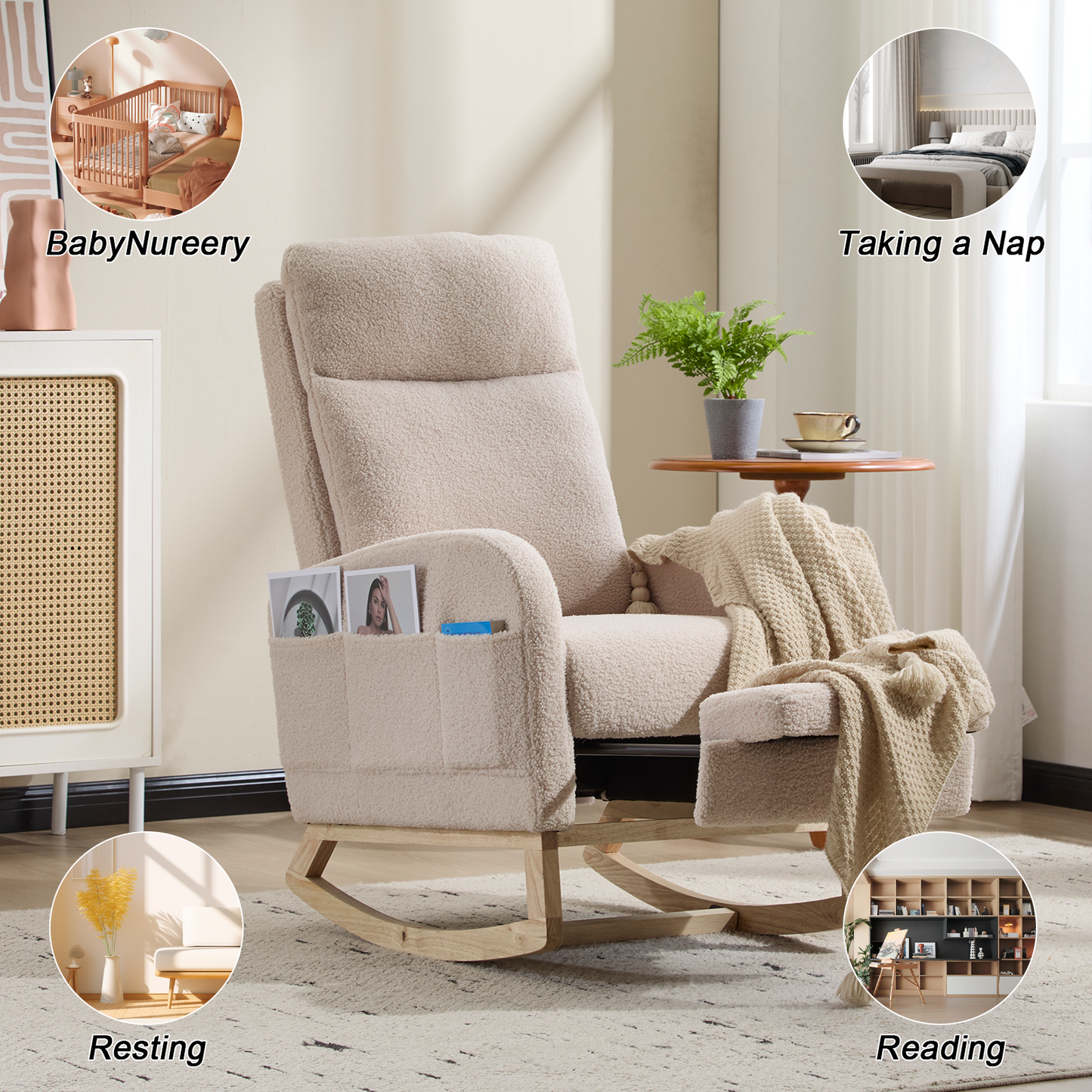 CAFORKP Rocking Chair, Upholstered Glider with High Back and Wood Base, for Nursery and Bedroom, Beige