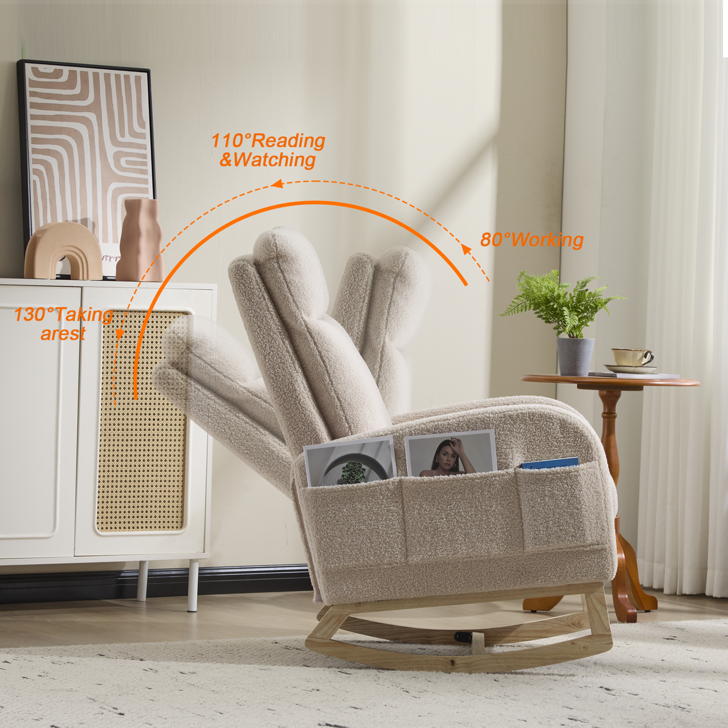 CAFORKP Upholstered Rocking Chair with High Back and Side Pocket, Nursery Glider for Living Room, Beige
