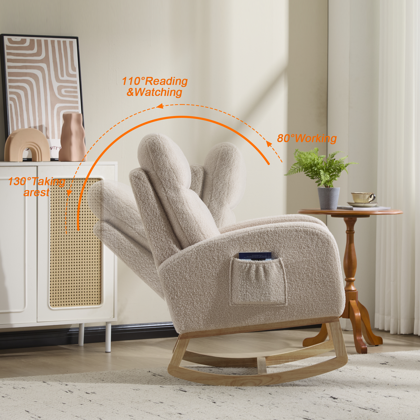 CAFORKP Upholstered Nursery Rocking Chair with High Back, Side Pocket, Wood Base, Beige