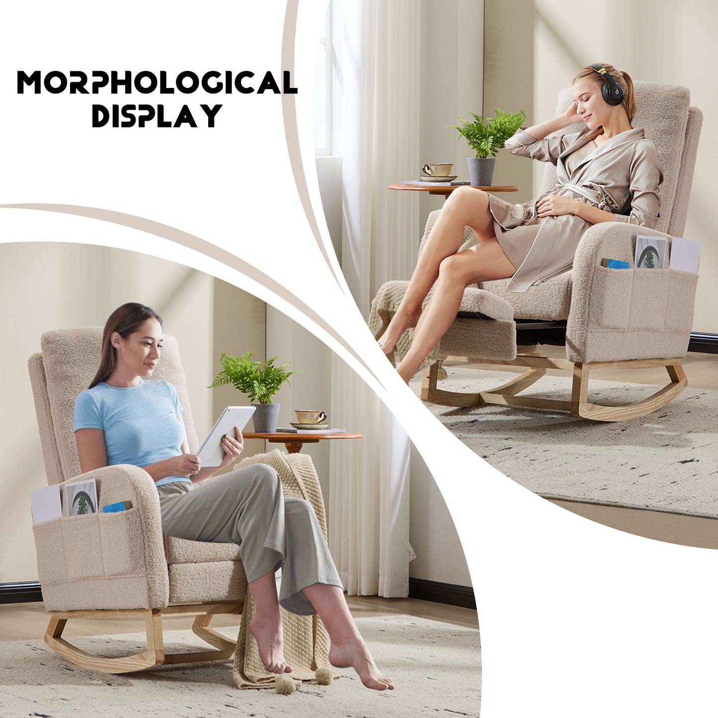 CAFORKP Upholstered Rocking Chair with High Back and Side Pocket, Nursery Glider for Living Room, Beige