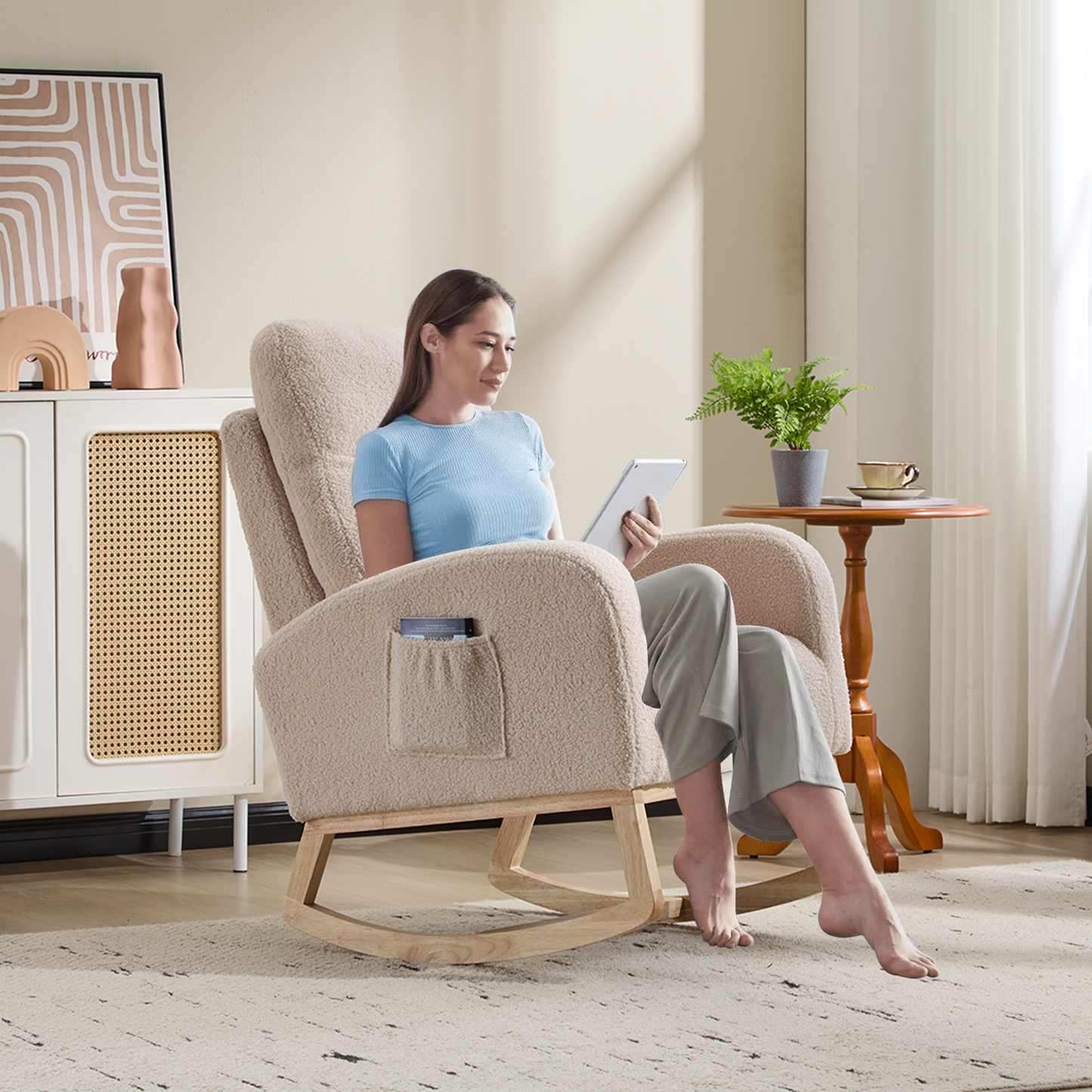CAFORKP Upholstered Nursery Rocking Chair with High Back, Side Pocket, Wood Base, Beige