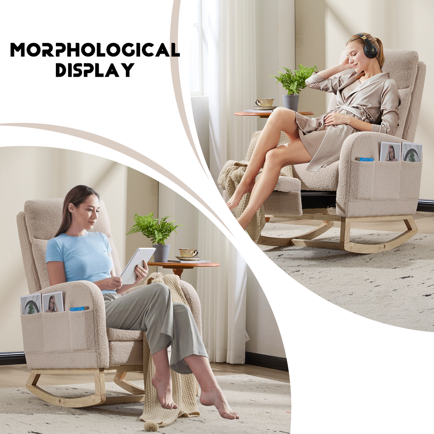 CAFORKP Rocking Chair, Upholstered Glider with High Back and Wood Base, for Nursery and Bedroom, Beige