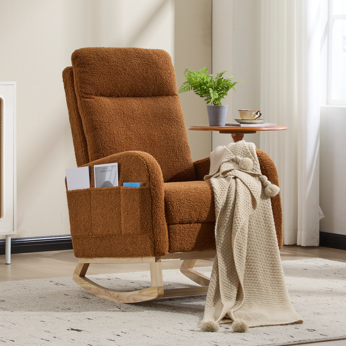 CAFORKP Rocking Chair, Upholstered Glider with High Back and Wood Base, for Nursery and Bedroom, Brown