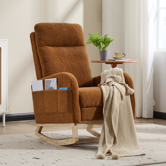 CAFORKP Rocking Chair, Upholstered Glider with High Back and Wood Base, for Nursery and Bedroom, Brown