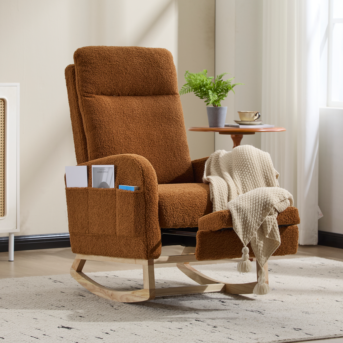CAFORKP Rocking Chair, Upholstered Glider with High Back and Wood Base, for Nursery and Bedroom, Brown