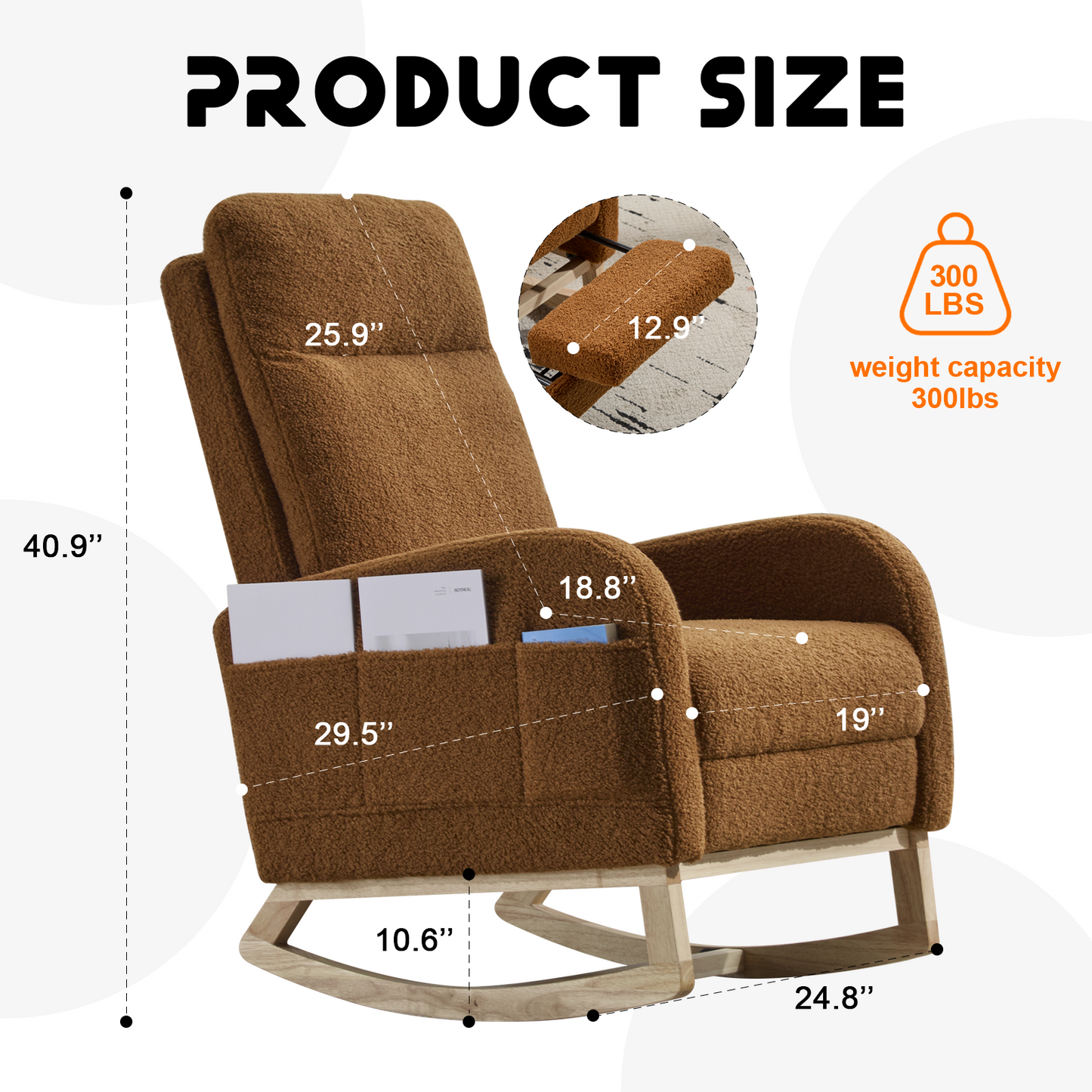 CAFORKP Rocking Chair, Upholstered Glider with High Back and Wood Base, for Nursery and Bedroom, Brown