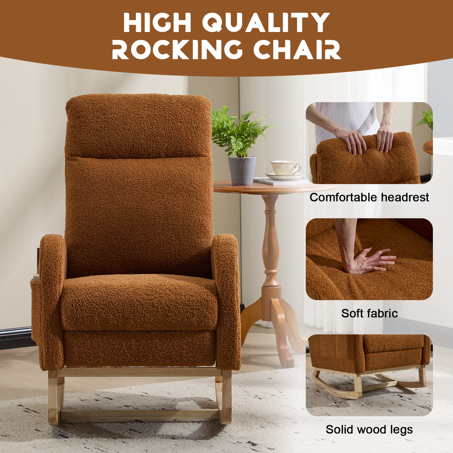 CAFORKP Rocking Chair, Upholstered Glider with High Back and Wood Base, for Nursery and Bedroom, Brown