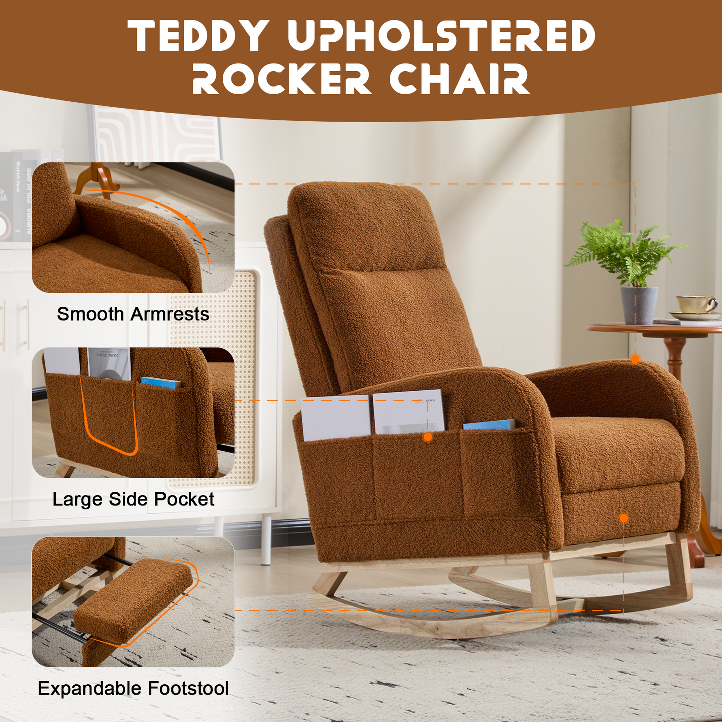 CAFORKP Rocking Chair, Upholstered Glider with High Back and Wood Base, for Nursery and Bedroom, Brown