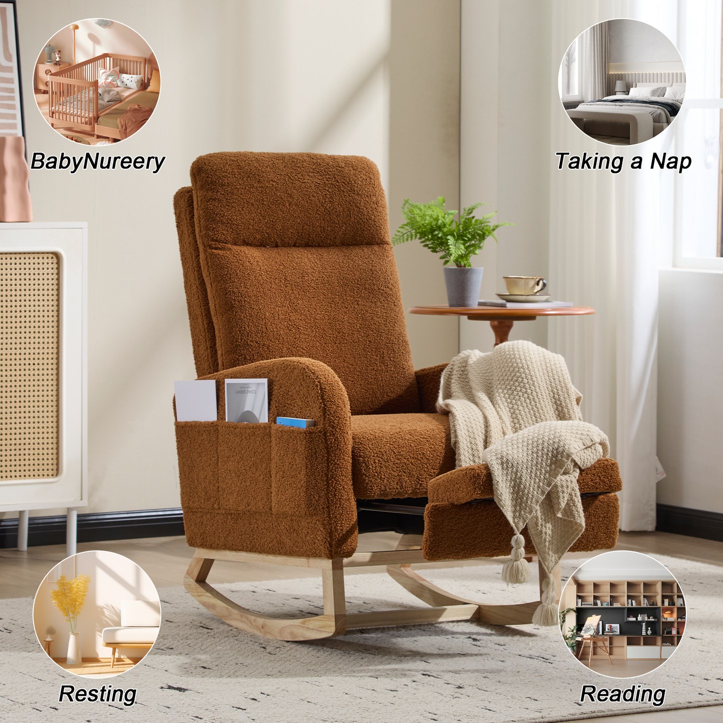 CAFORKP Rocking Chair, Upholstered Glider with High Back and Wood Base, for Nursery and Bedroom, Brown