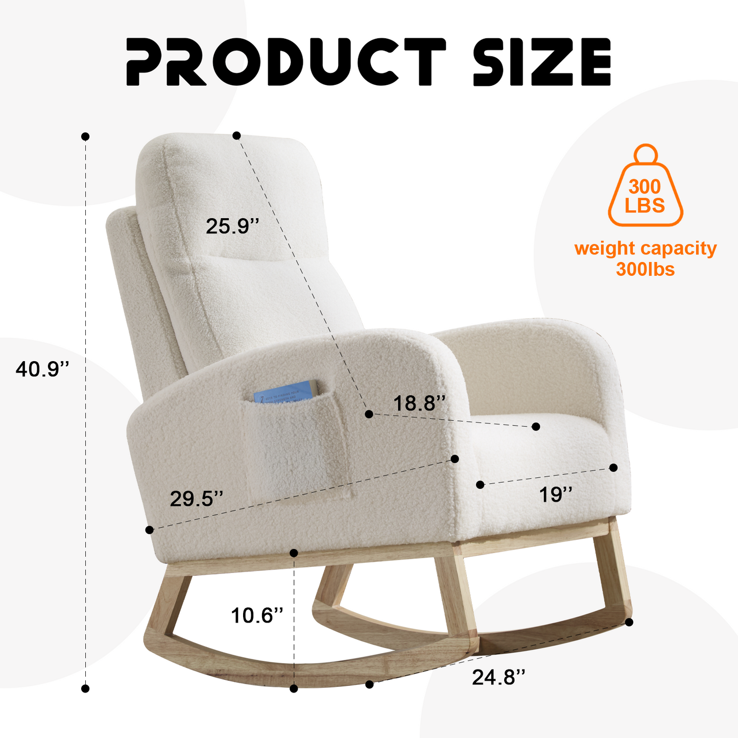 CAFORKP Upholstered Nursery Rocking Chair with High Back, Side Pocket, Wood Base, White