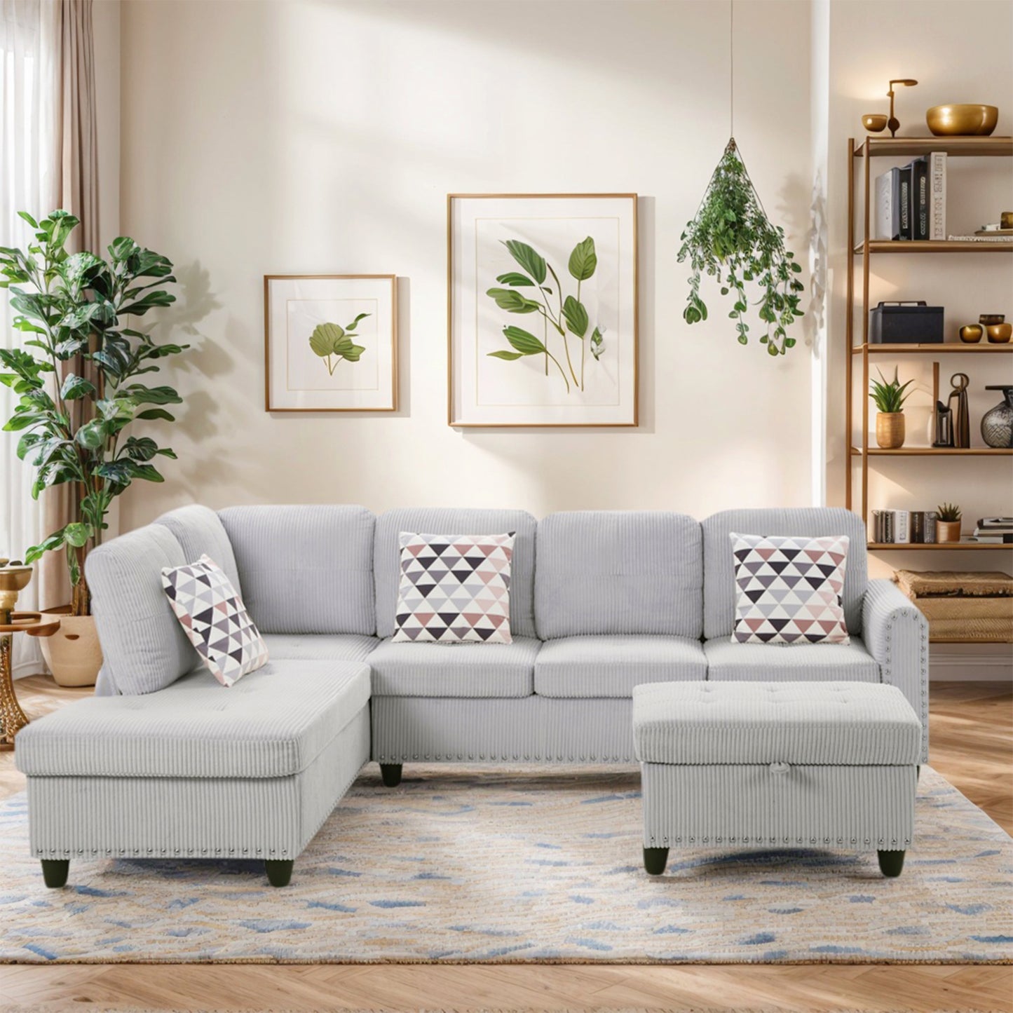 CAFORKP Oversized Modular Sectional Sofa, 94 inch L-Shaped Corduroy Couch with Movable Ottoman and 6 Seats