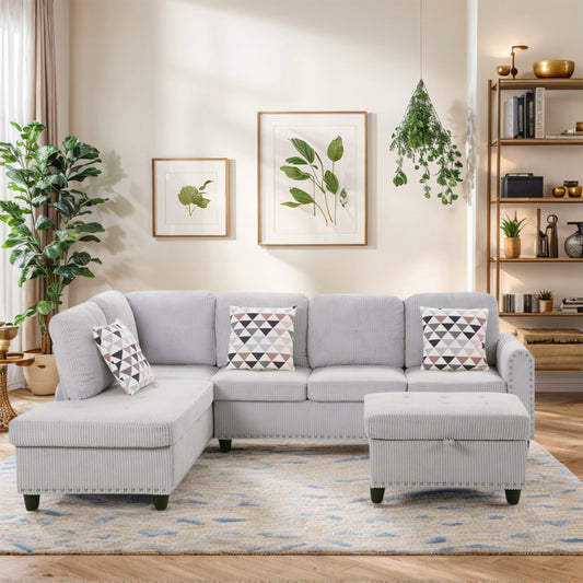 CAFORKP Oversized Modular Sectional Sofa, 94 inch L-Shaped Corduroy Couch with Movable Ottoman and 6 Seats