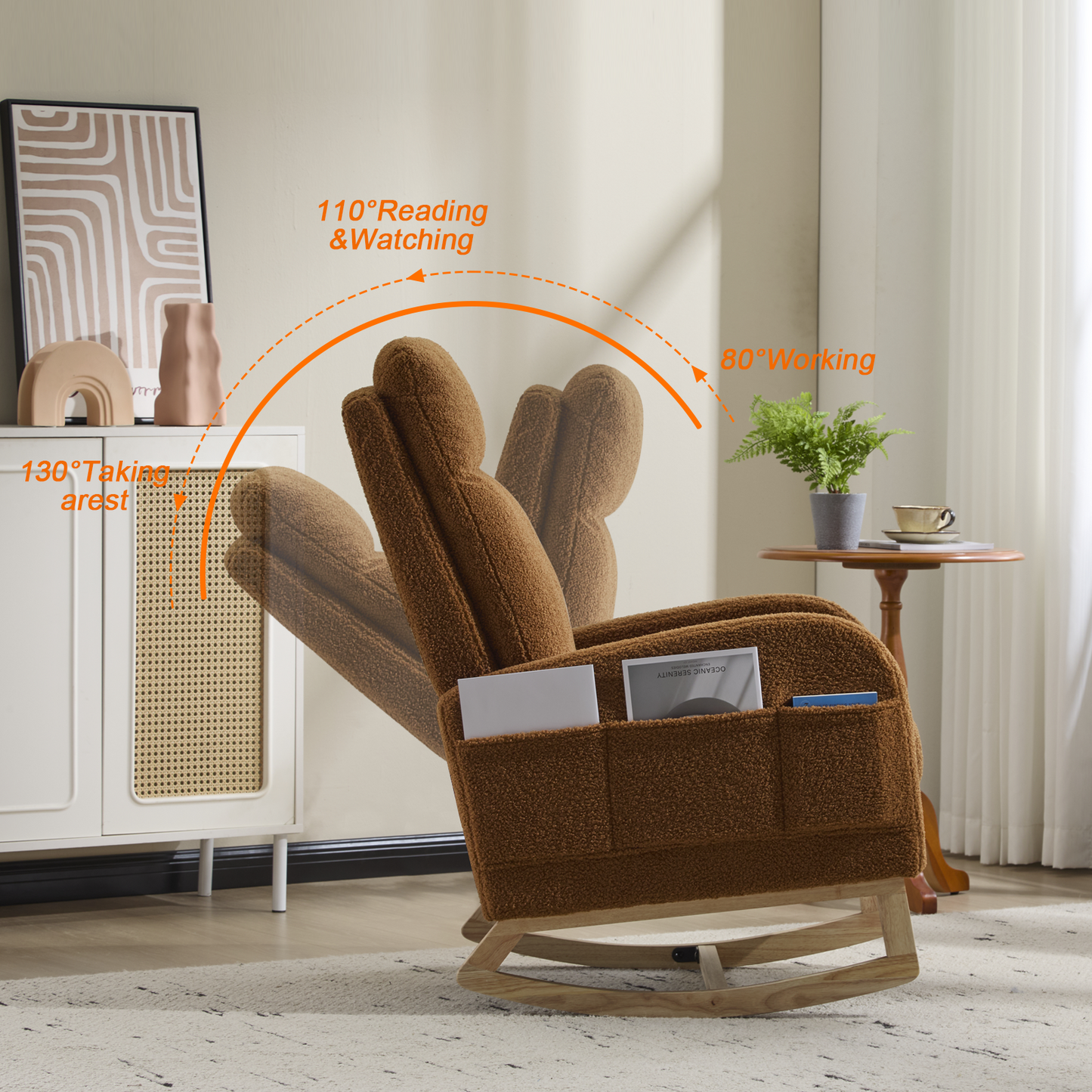 CAFORKP Rocking Chair, Upholstered Glider with High Back and Wood Base, for Nursery and Bedroom, Brown
