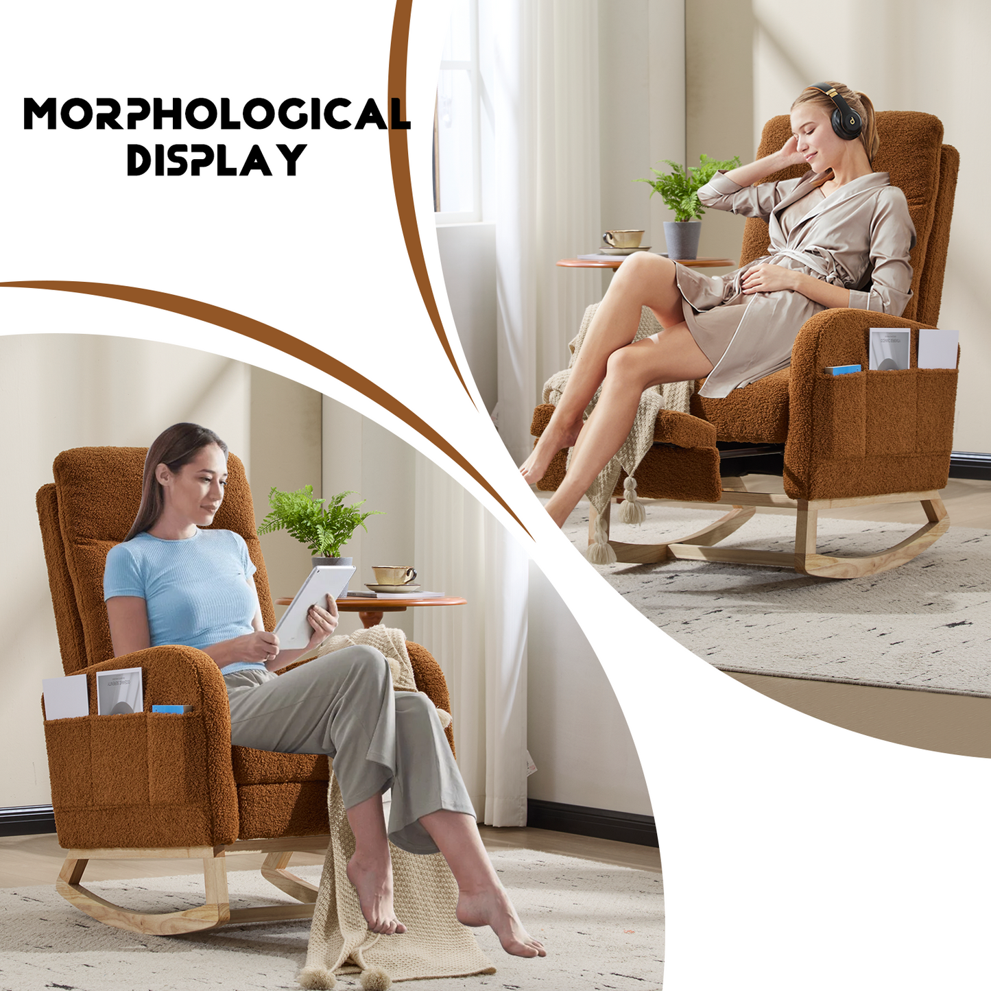 CAFORKP Rocking Chair, Upholstered Glider with High Back and Wood Base, for Nursery and Bedroom, Brown