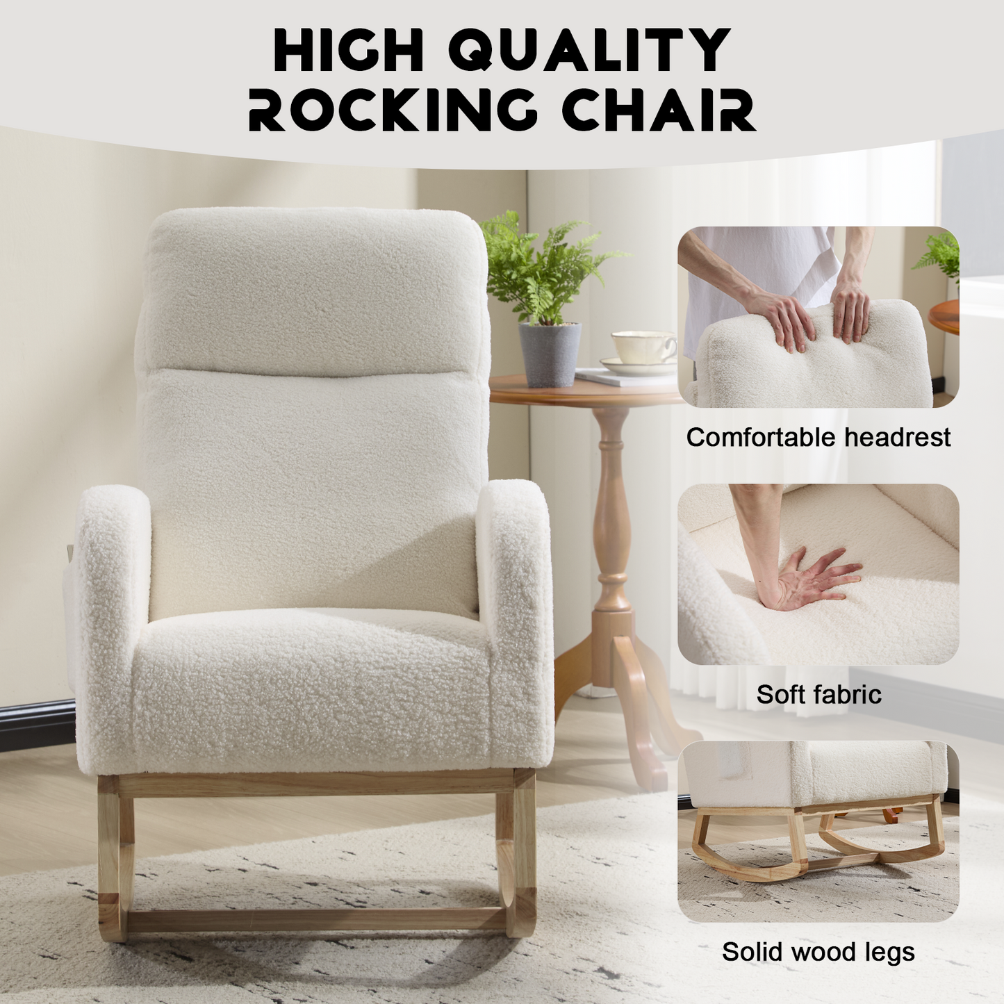 CAFORKP Upholstered Nursery Rocking Chair with High Back, Side Pocket, Wood Base, White