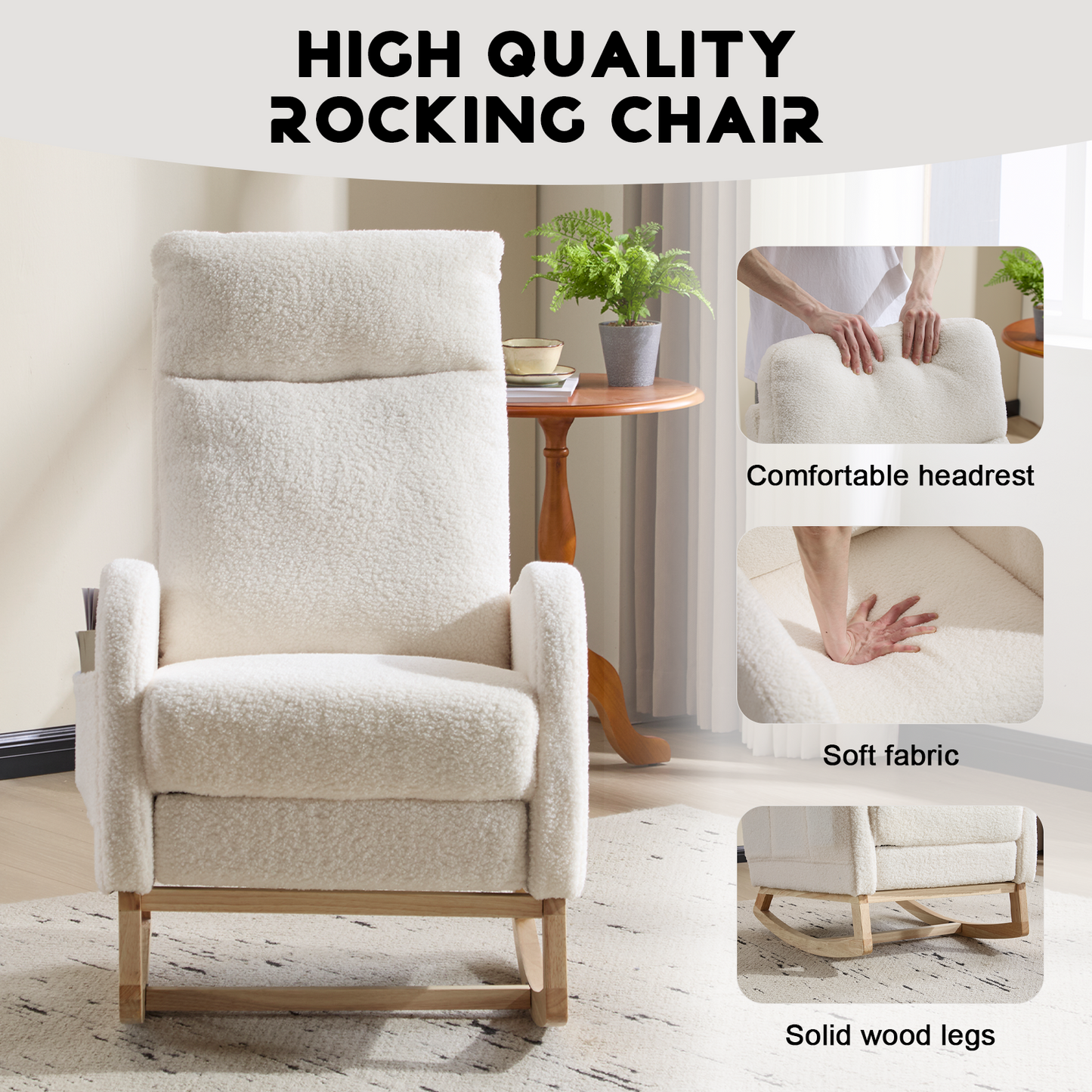 CAFORKP Rocking Chair, Upholstered Glider with High Back and Wood Base, for Nursery and Bedroom, White