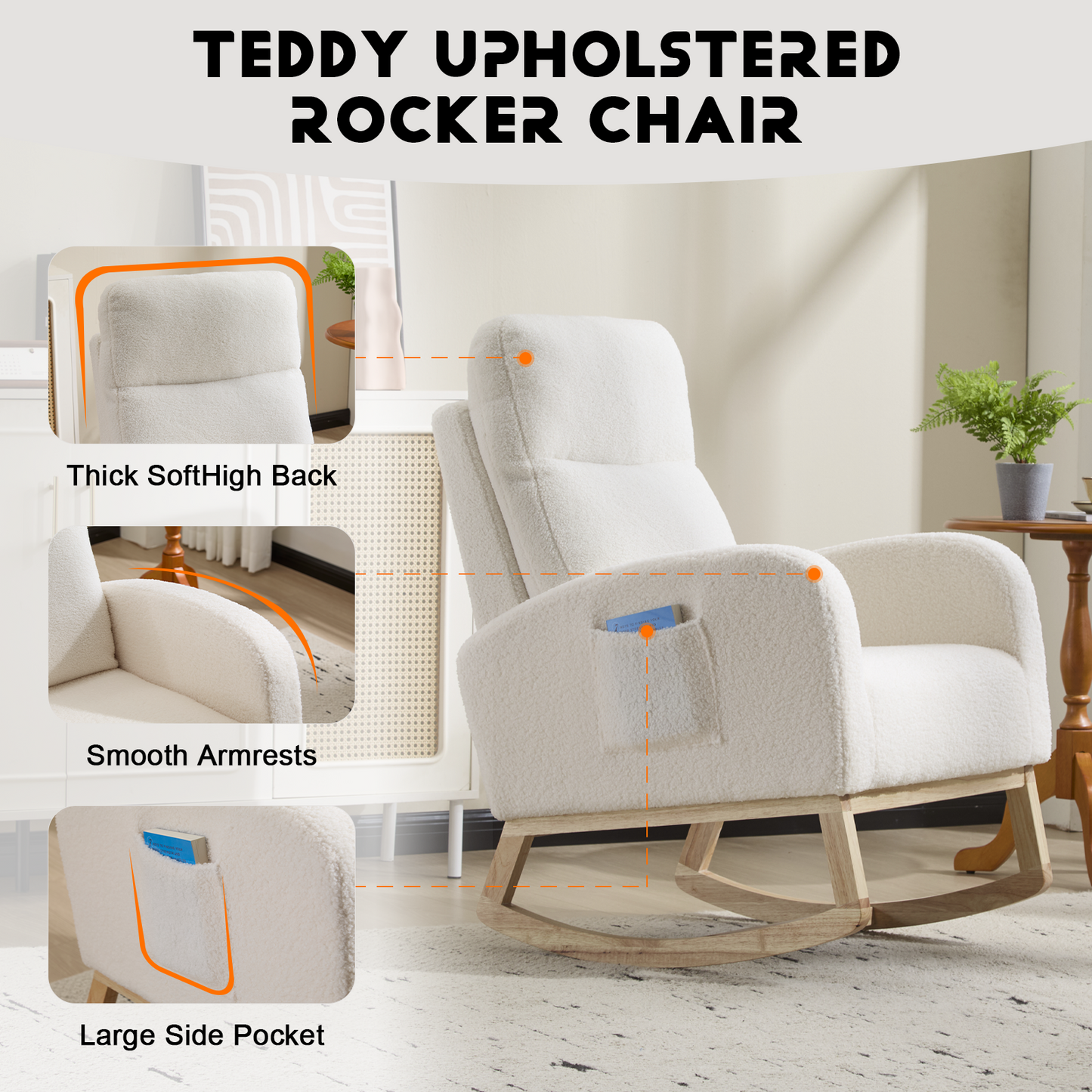 CAFORKP Upholstered Nursery Rocking Chair with High Back, Side Pocket, Wood Base, White