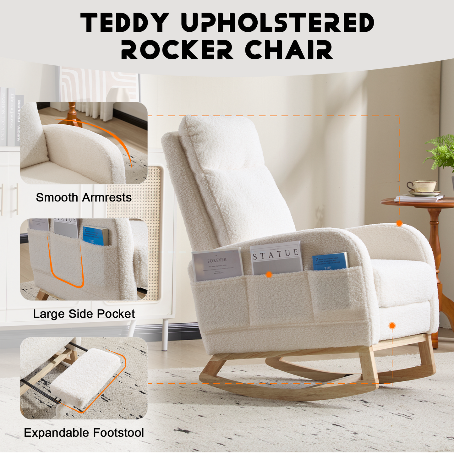 CAFORKP Rocking Chair, Upholstered Glider with High Back and Wood Base, for Nursery and Bedroom, White