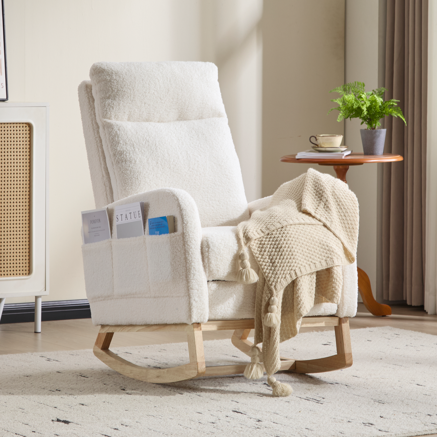 CAFORKP Rocking Chair, Upholstered Glider with High Back and Wood Base, for Nursery and Bedroom, White
