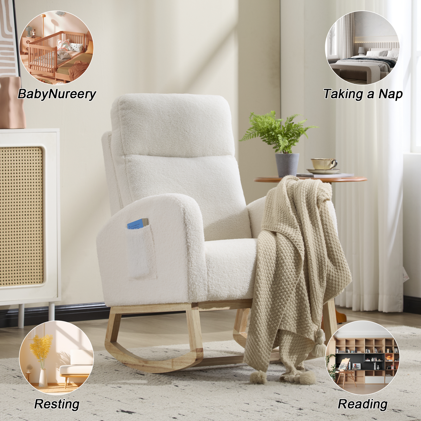 CAFORKP Upholstered Nursery Rocking Chair with High Back, Side Pocket, Wood Base, White