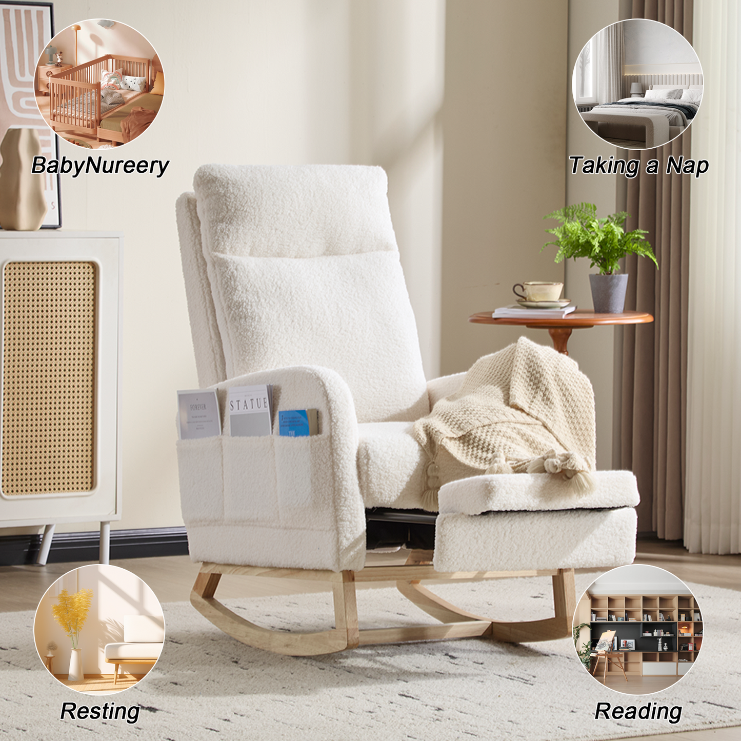 CAFORKP Rocking Chair, Upholstered Glider with High Back and Wood Base, for Nursery and Bedroom, White