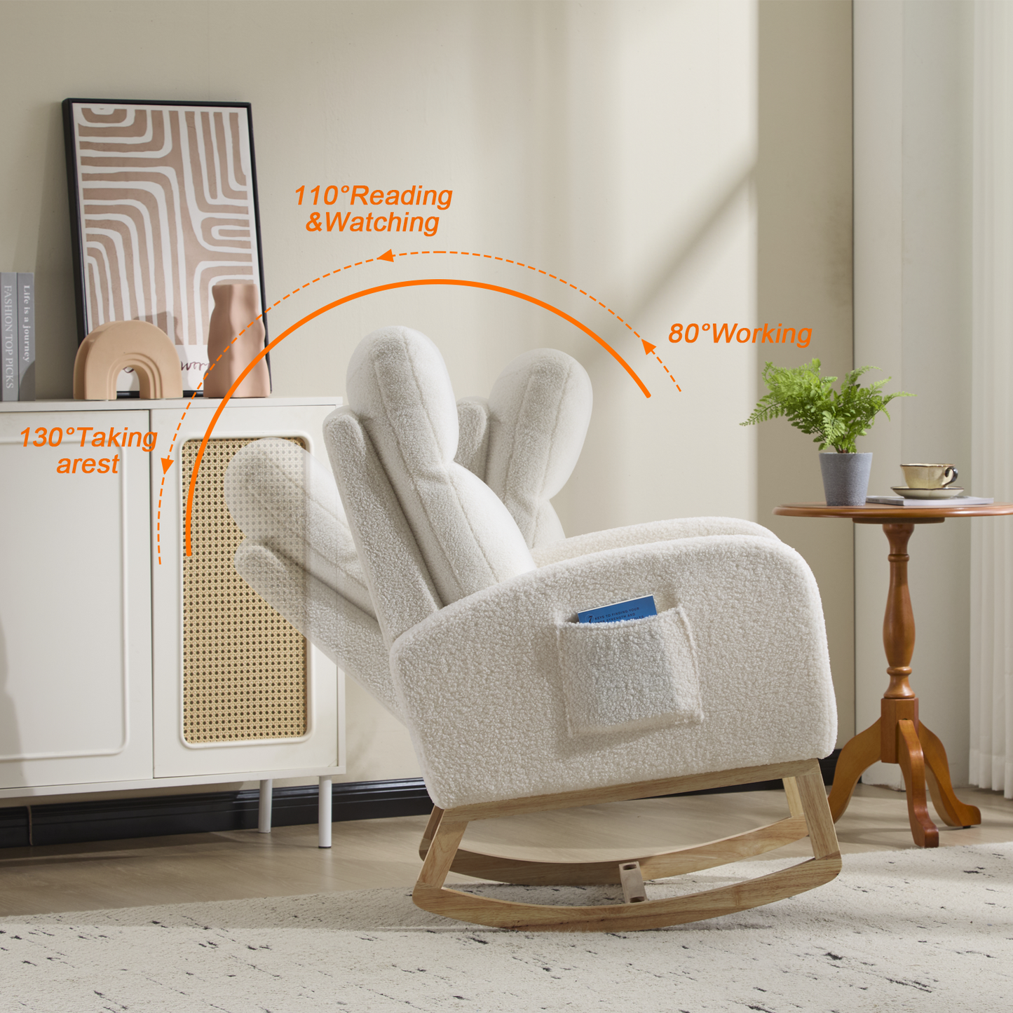 CAFORKP Upholstered Nursery Rocking Chair with High Back, Side Pocket, Wood Base, White