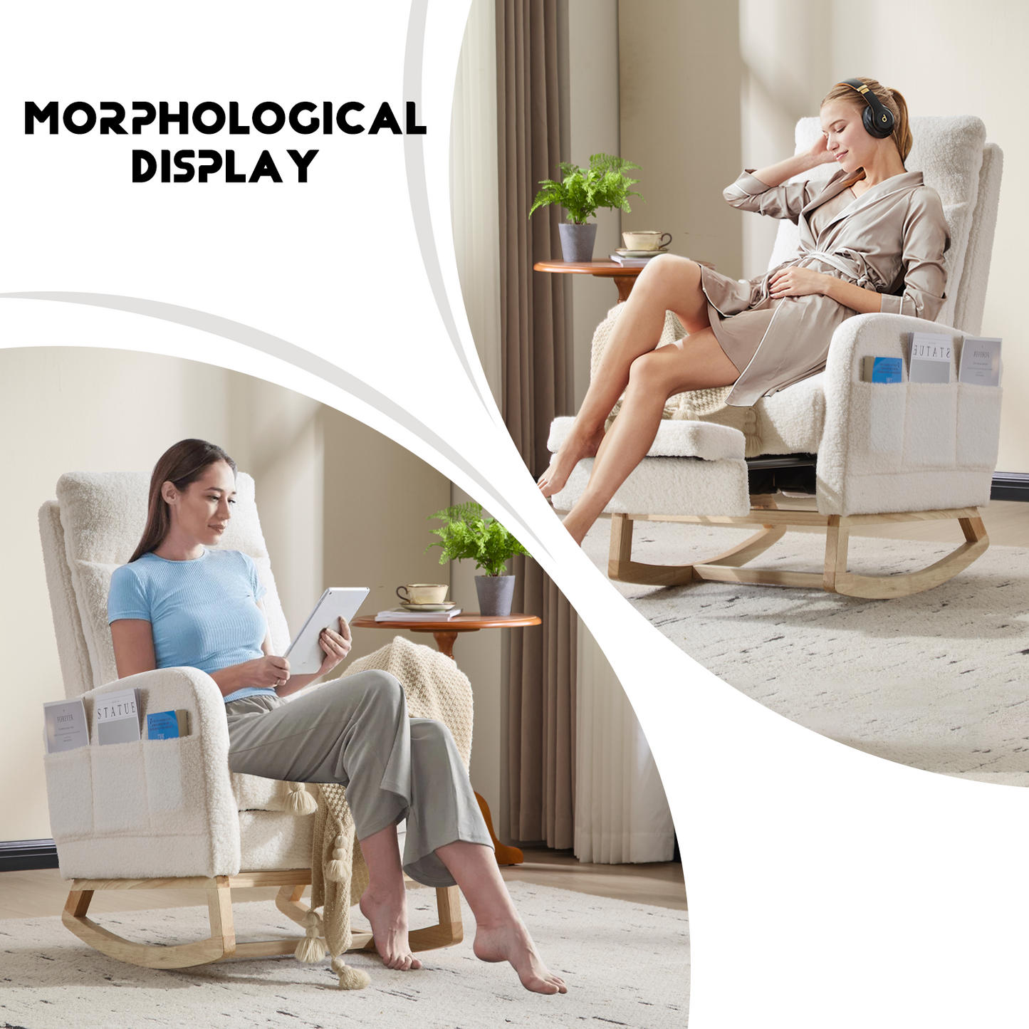 CAFORKP Rocking Chair, Upholstered Glider with High Back and Wood Base, for Nursery and Bedroom, White