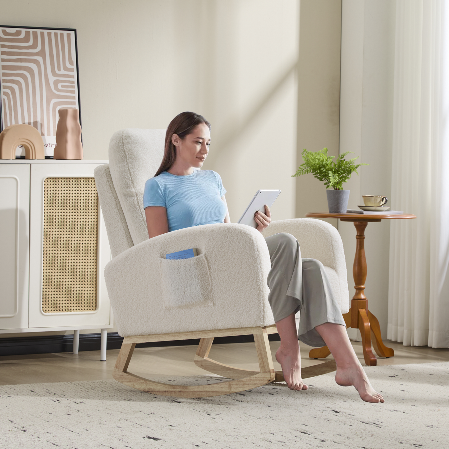 CAFORKP Upholstered Nursery Rocking Chair with High Back, Side Pocket, Wood Base, White