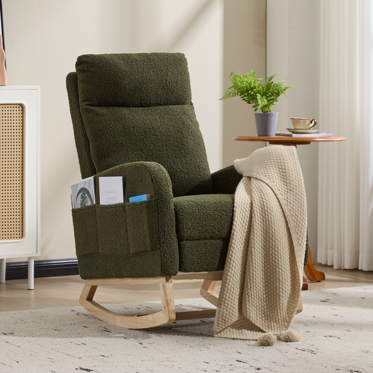 CAFORKP Upholstered Nursery Rocking Chair with High Back, Side Pocket, Wood Base, Dark Green