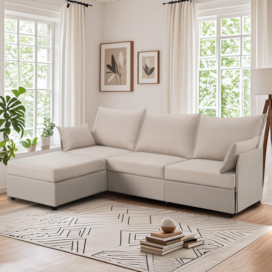 CAFORKP 93.7" Upholstered Sectional Sofa, Deep Cushions, Modular Design, Beige