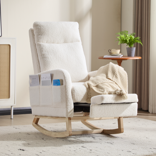 CAFORKP Rocking Chair, Upholstered Glider with High Back and Wood Base, for Nursery and Bedroom, White