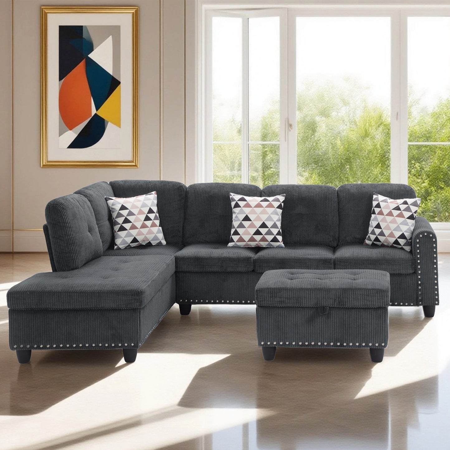 CAFORKP Oversized Modular Sectional Sofa, 94 inch L-Shaped Corduroy Couch with Movable Ottoman and 6 Seats