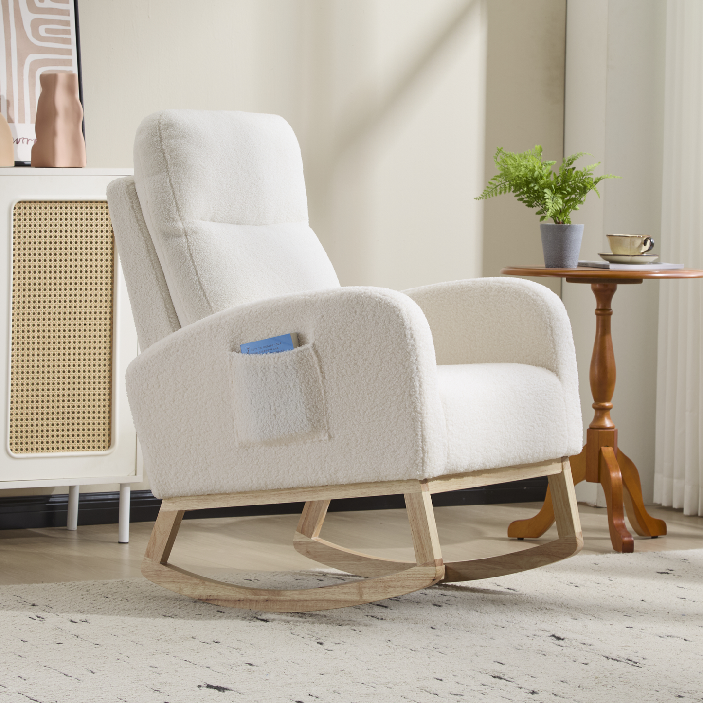 CAFORKP Upholstered Nursery Rocking Chair with High Back, Side Pocket, Wood Base, White