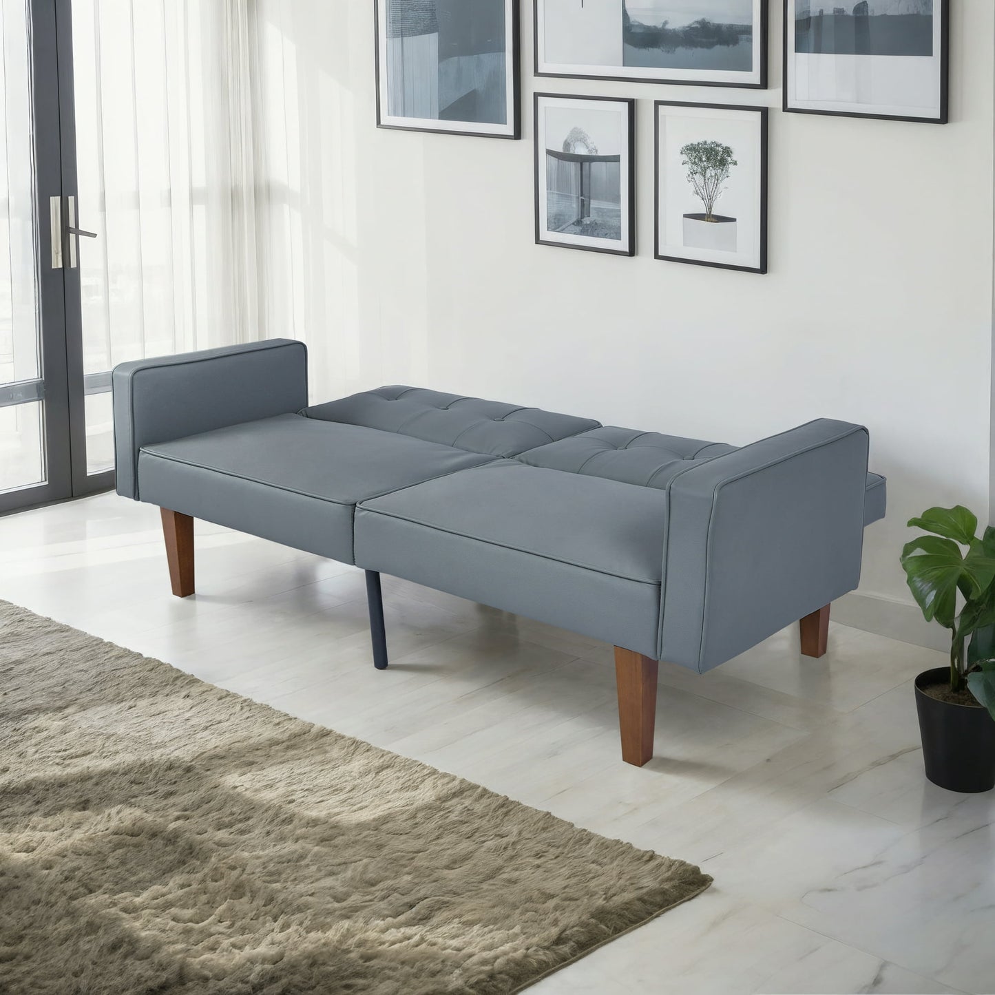 CAFORKP Gray Faux Leather Sofa, Solid Wood Frame, Mid-Century Style, Foam & Spring Support